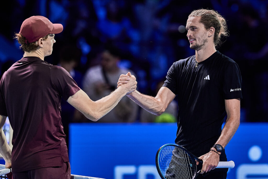 Jannik Sinner of Italy shakes hands with Alexander Zverev of Germany during day 9 of the Erste Bank Open 2025 at the Wiener Stadthalle on October 26, 2025 in Vienna, Austria.