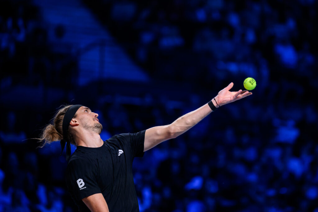 Alexander Zverev of Germany serves against Lorenzo Musetti of Italy (not pictured) in their semi final match during day eight of the Erste Bank Open 2025 at Wiener Stadthalle on October 25, 2025 in Vienna, Austria.
