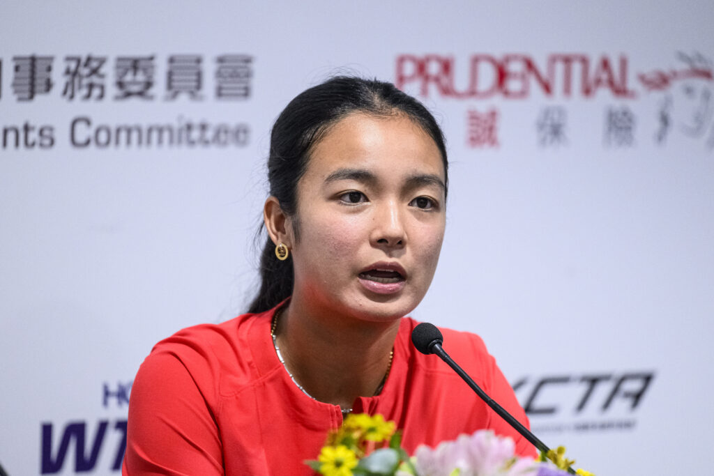 Alexandra Eala of the Philippines speaks during the press conference during day one of the Prudential Hong Kong Tennis Open at Victoria Park on October 27, 2025 in Hong Kong, China.