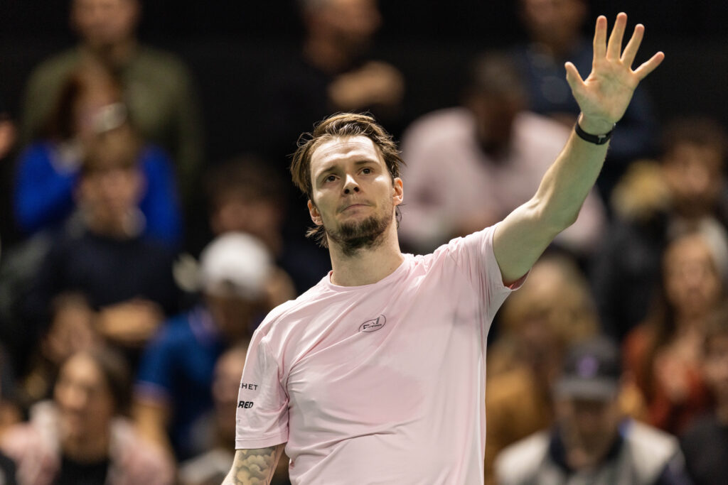 Alexander Bublik (KAZ) plays against Alexei Popyrin (AUS) in his men's singles match on day one of the Paris ATP Masters 1000 tennis tournament at the Paris La Defense Arena in Nanterre, on the outskirts of Paris, on october 27, 2025.