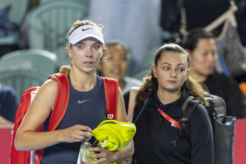 Katie Boulter of Great Britain withdraws the match due to injured during the women's singles round of 32 matches against Alexandra Eala of Philippines on day two of the Prudential Hong Kong Tennis Open at Victoria Park on October 28, 2025 in Hong Kong, China.