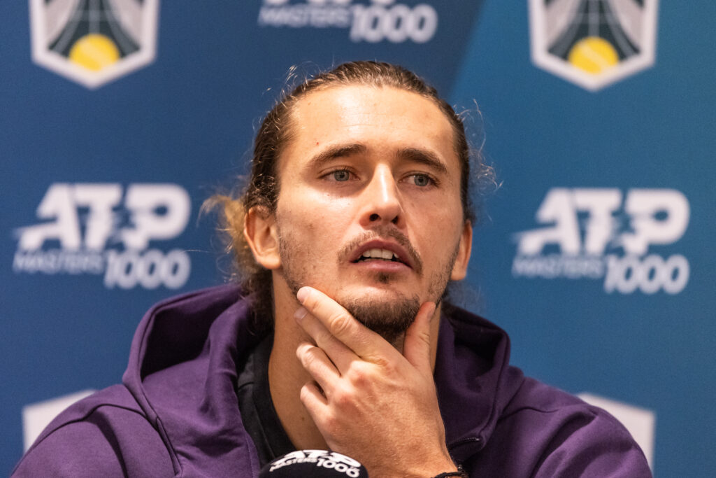 Alexander Zverev attends a press conference on day two of the Paris ATP Masters 1000 tennis tournament at the Paris La Defense Arena in Nanterre, on the outskirts of Paris.