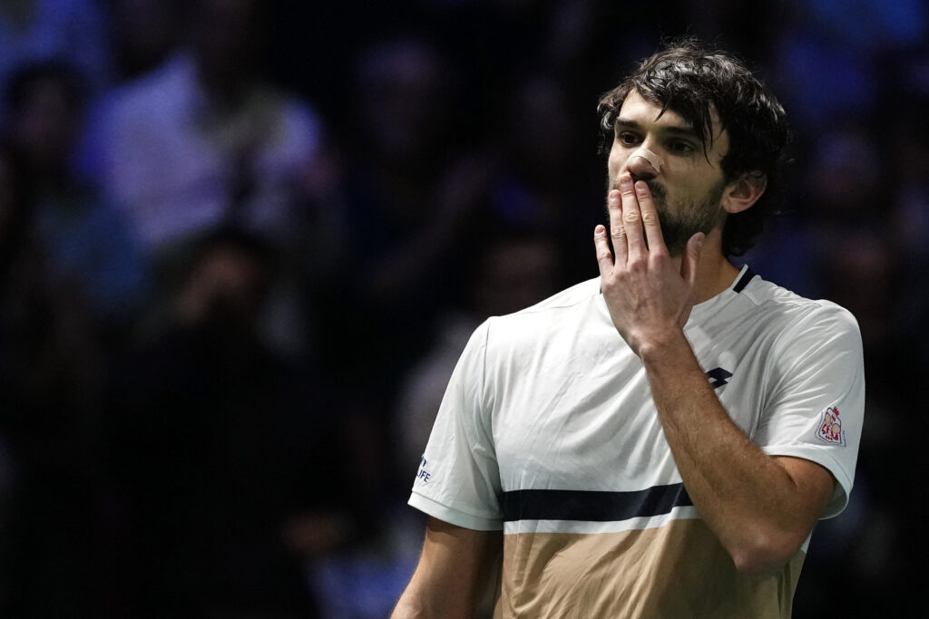 Monaco's Valentin Vacherot celebrates after winning against France's Arthur Rinderknech at the end of their men's singles match on day three of the Paris ATP Masters 1000 tennis tournament at the Paris La Défense Arena in Nanterre, on the outskirts of Paris, on October 29, 2025.