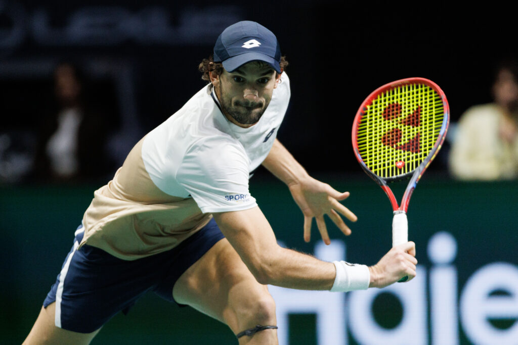 Valentin Vacherot of Monaco plays a backhand against Arthur Rinderknech of France during day three of the Rolex Paris Masters 2025 on October 29, 2025 in Nanterre, France.