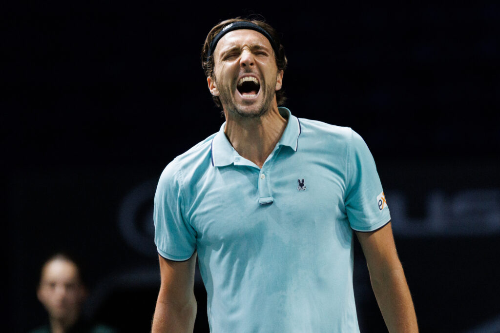 Arthur Rinderknech of France celebrates point against Valentin Vacherot of Monaco during day three of the Rolex Paris Masters 2025 on October 29, 2025