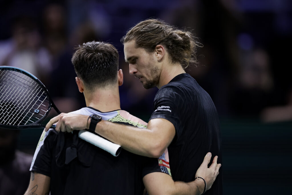 Alexander Zverev of Germany (R) talks to Camilo Ugo Carabelli of Argentina during the Day Three of the Rolex Paris Masters 2025 on October 29, 2025 in Nanterre, France.