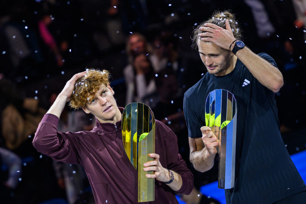 Winner Jannik Sinner of Italy and runner up Alexander Zverev of Germany pose with their trophies after the Singles Final match during day nine of the Erste Bank Open 2025 at Wiener Stadthalle on October 26, 2025 in Vienna, Austria.