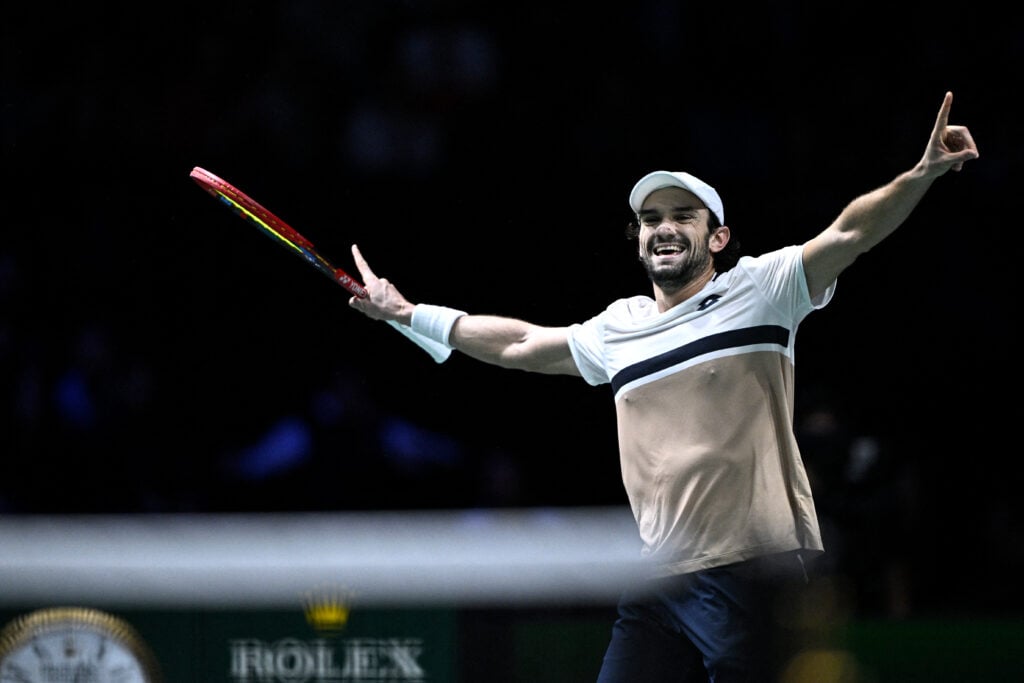 Monaco's Valentin Vacherot celebrates after winning against Britain's Cameron Norrie after their men's singles match on day four of the Paris ATP Masters 1000 tennis tournament at the Paris La Défense Arena in Nanterre, on the outskirts of Paris, on October 30, 2025.