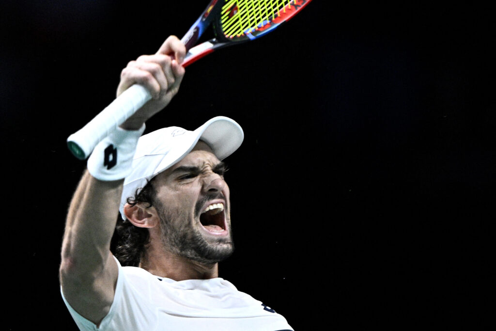 Monaco's Valentin Vacherot celebrates after winning against Britain's Cameron Norrie after their men's singles match on day four of the Paris ATP Masters 1000 tennis tournament at the Paris La Défense Arena in Nanterre, on the outskirts of Paris, on October 30, 2025.