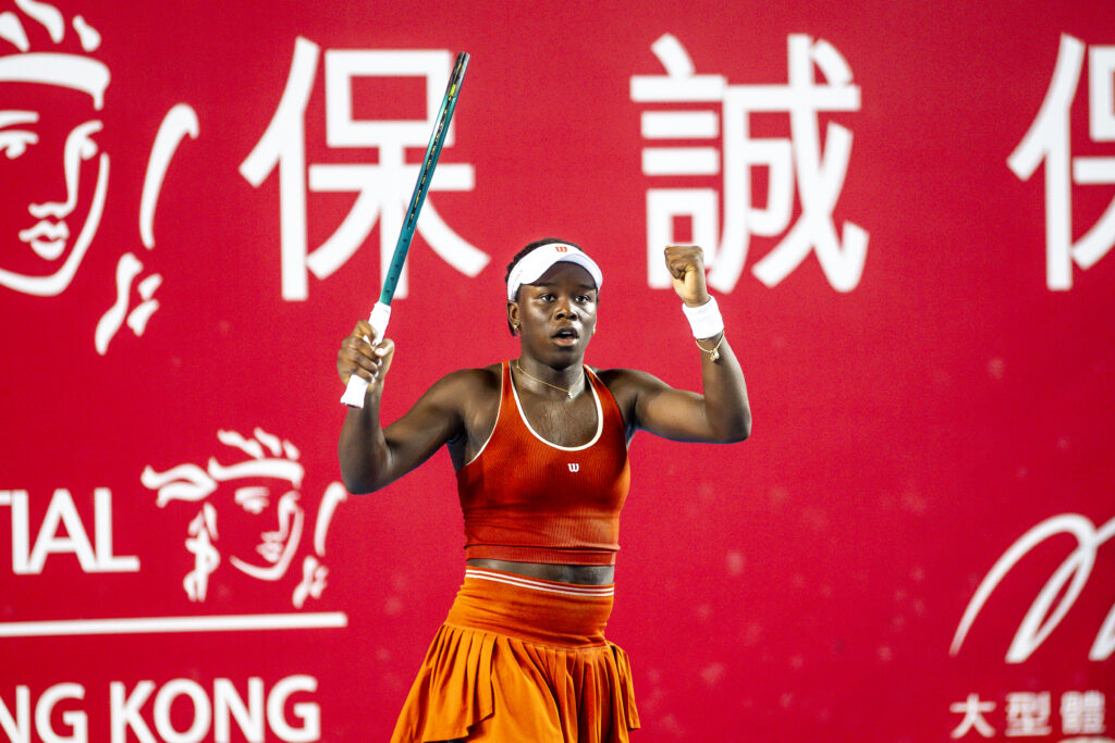 Victoria Mboko of Canada celebrates after winning the women's singles round of 16 matches against Alexandra Eala of Philippines on day four of the Prudential Hong Kong Tennis Open at Victoria Park on October 30, 2025 in Hong Kong, China.
