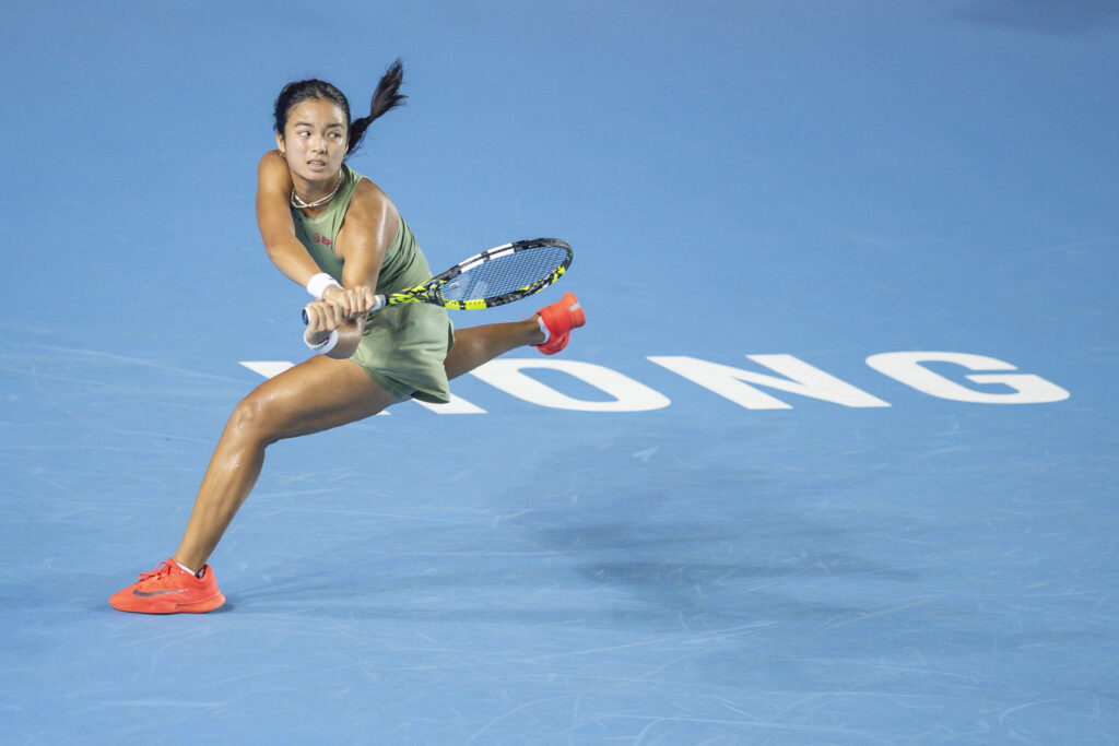 Alexandra Eala of Philippines in action during the women's singles round of 16 against Victoria Mboko of Canada match on day four of the Prudential Hong Kong Tennis Open at Victoria Park on October 30, 2025 in Hong Kong, China.