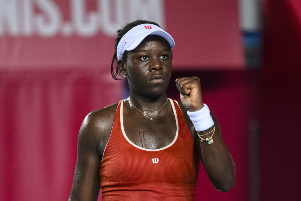 Victoria Mboko of Canada celebrates a game won against Alexandra Eala of Philippines during the women's singles round of 16 matches on day four of the Prudential Hong Kong Tennis Open at Victoria Park on October 30, 2025 in Hong Kong, China.