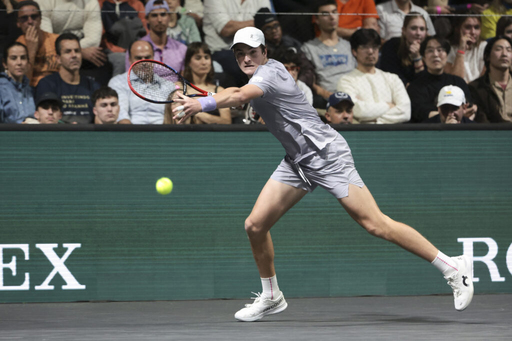 Joao Fonseca of Brazil during his first round match against Denis Shapovalov of Canada on day two of the Rolex Paris Masters 2025, an ATP 1000 tennis tournament at Paris Defense Arena on October 28, 2025 in Nanterre, France.