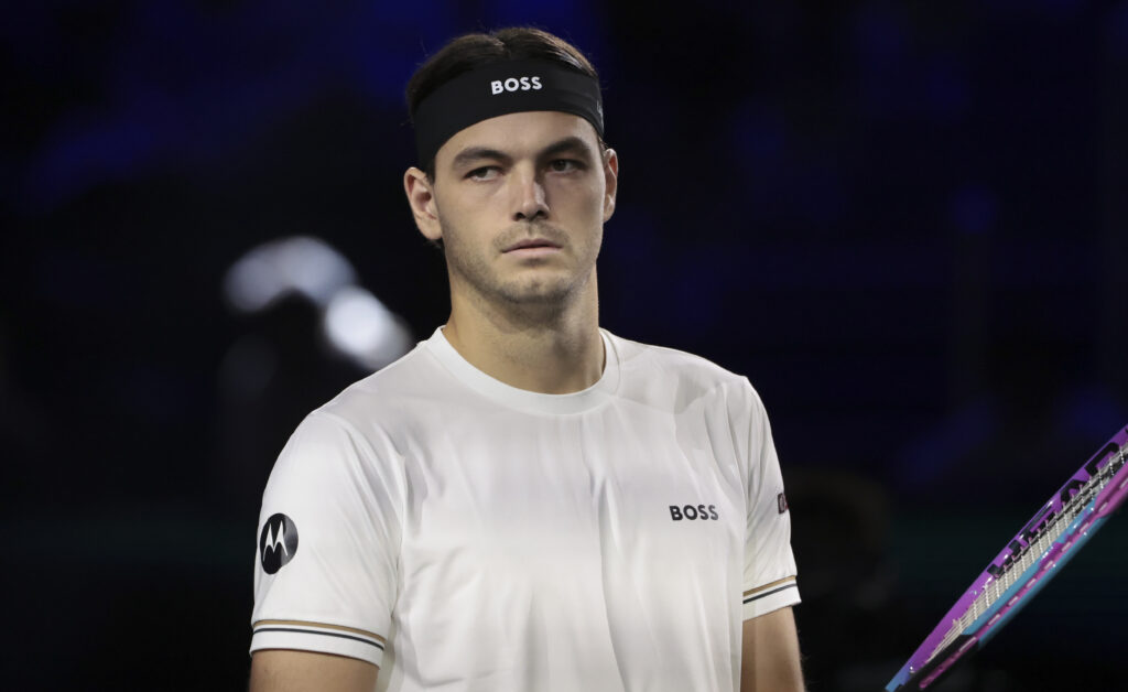 Taylor Fritz of USA during his first round match against Aleksandar Vukic of Australia on day two of the Rolex Paris Masters 2025, an ATP 1000 tennis tournament at Paris Defense Arena on October 28, 2025 in Nanterre, France.