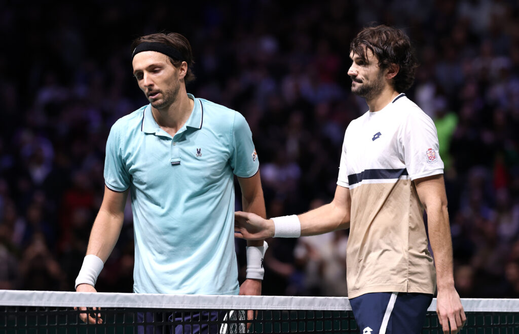 Valentin Vacherot of Monaco is congratulated by Arthur Rinderknech of France during day three of the Rolex Paris Masters 2025 on October 29, 2025 in Nanterre, France.