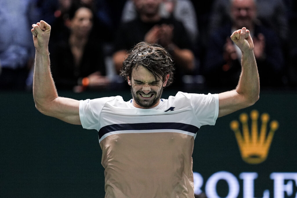 Valentin Vacherot of Monaco celebrates the victory in the Men's Singles Third Round match against Cameron Norrie of Great Britain during day four of the Rolex Paris Masters 2025 on October 30, 2025 in Nanterre, France.