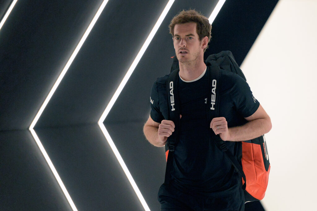 Andy Murray of Great Britain reacts as he arrives on the court before his Men's semi-final match against David Ferrer of Spain on day six of the BNP Paribas Masters at Palais Omnisports de Bercy on November 7, 2015 in Paris, France.