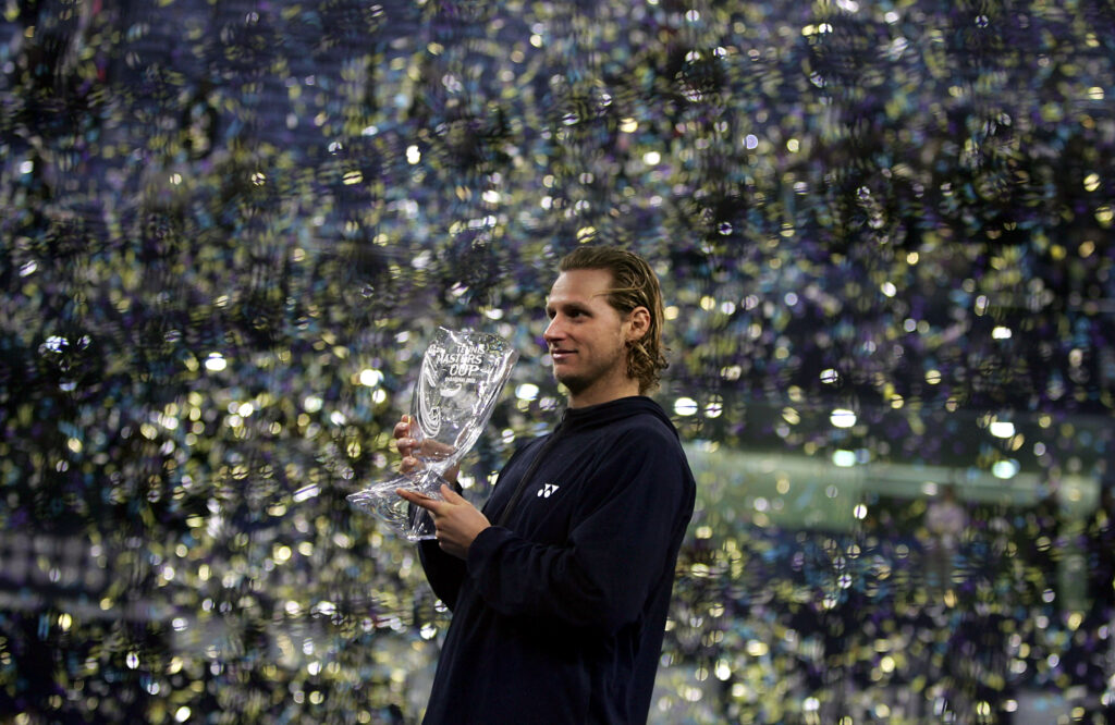 David Nalbandian of Argentina holds the trophy after his five set victory against Roger Federer of Switzerland in the final of the ATP Masters Cup on November 20, 2005 at the Qi Zhong Stadium in Shanghai, China.