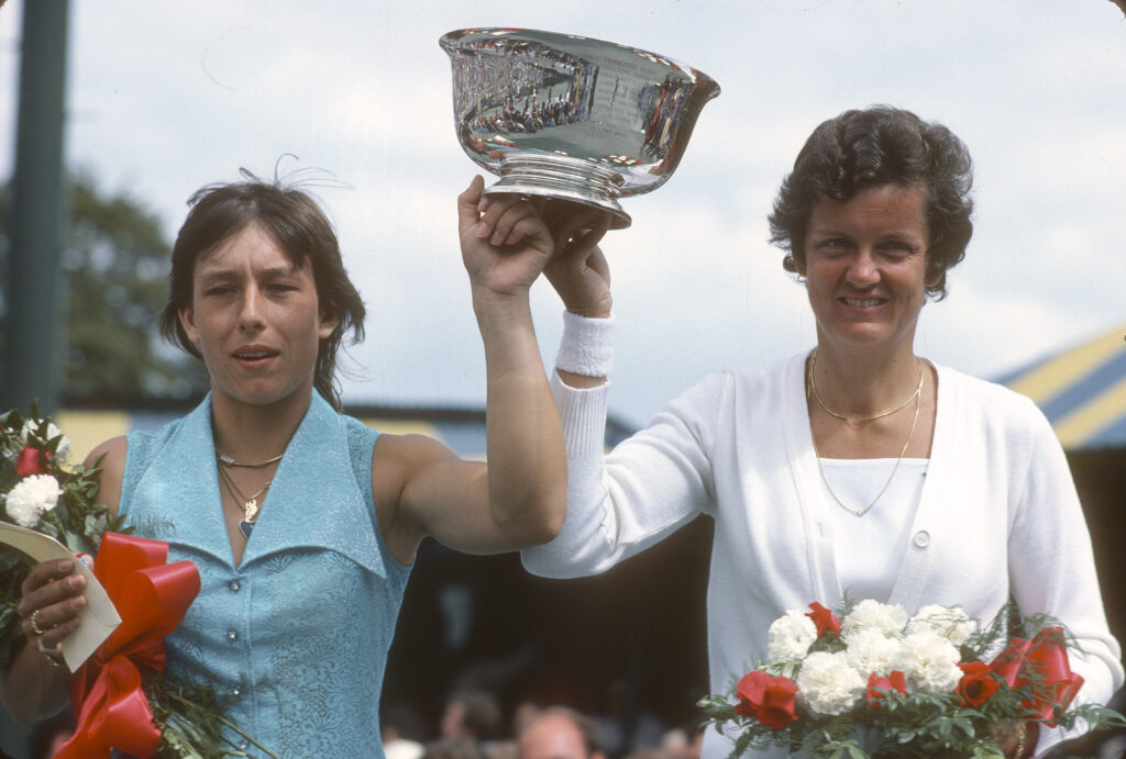 Tennis players Martina Navratilova of Czechoslovakia (L) and Betty Stove of the Netherlands (R) holds up the trophy after winning the Women's Doubles Championship at the 1977 U.S. Open Tennis Tournament circa 1977 at the West Side Tennis Club in the Queens borough of New York City.