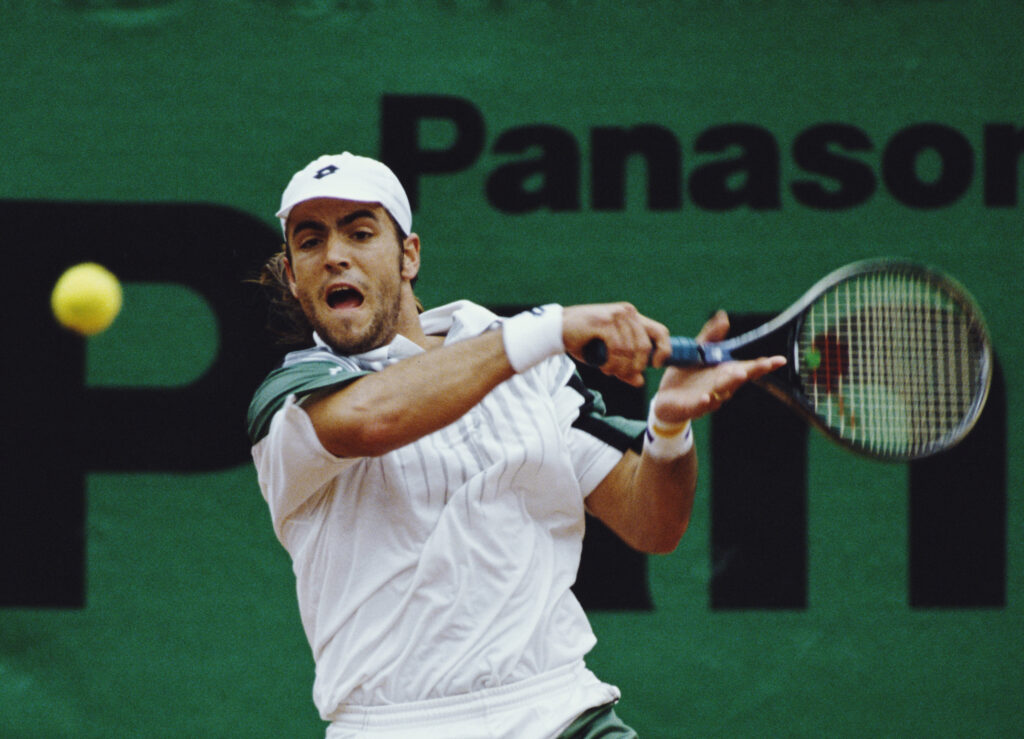 Roberto Carretero of Spain makes a backhand return against compatriot vÄlex Corretja during their Men's Singles Final match at the Panasonic German OpenTennis Championship on 12 May 1996 at the Rothenbaum Tennis Center in Hamburg, Germany.
