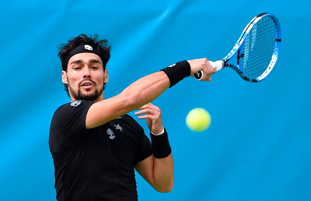 Italy's Fabio Fognini returns the ball to Bulgaria's Grigor Dimitrov during their semi-final tennis match at the ATP Stockholm Open tournament on October 21, 2017 in Stockholm.