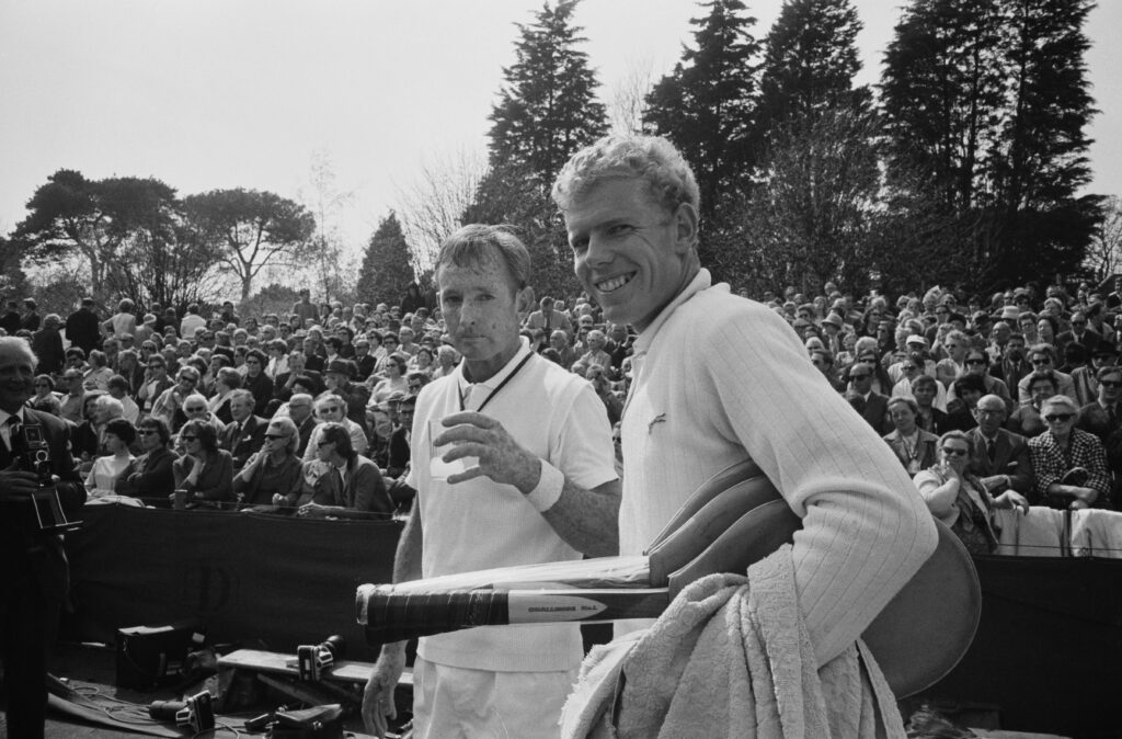 Australian tennis player Rod Laver and English tennis player Mark Cox at Bournmouth, UK, 27th April 1968.