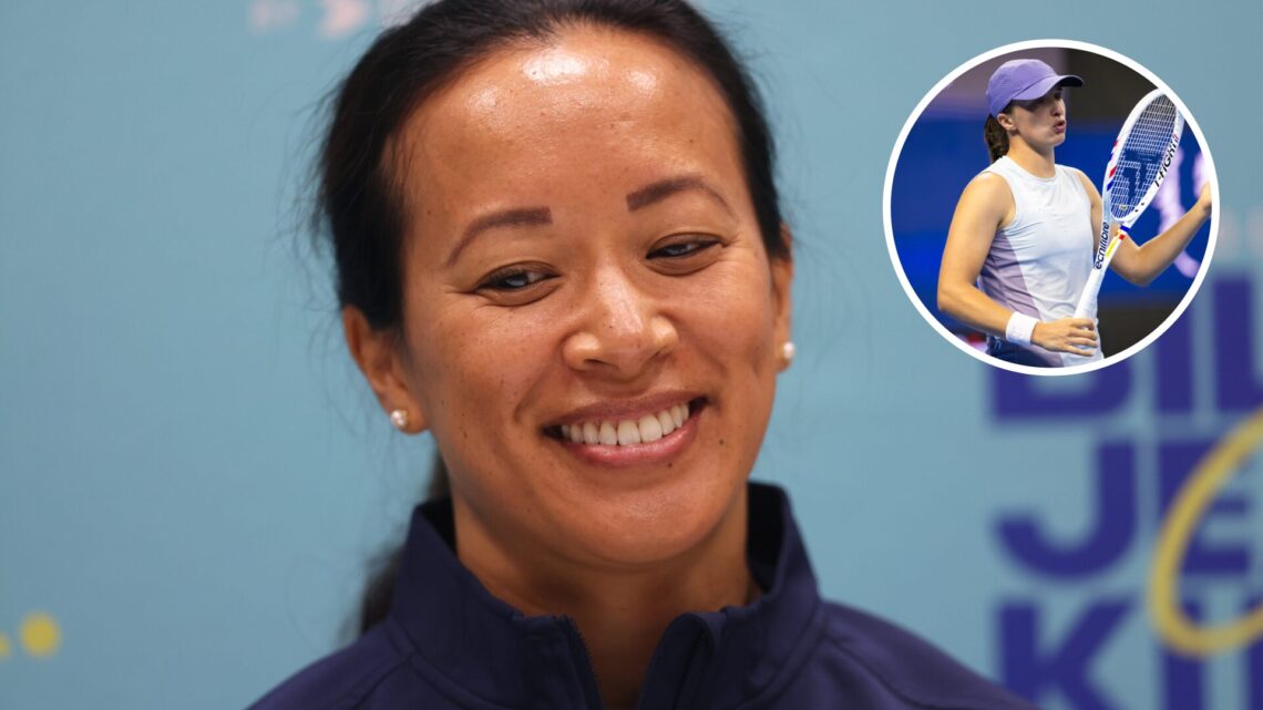 Main: Anne Keothavong smiling. Inset top right: Iga Swiatek complaining.