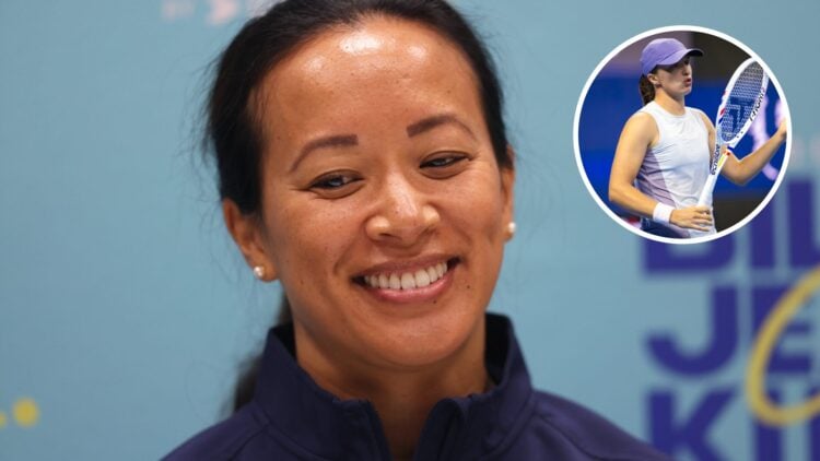 Main: Anne Keothavong smiling. Inset top right: Iga Swiatek complaining.