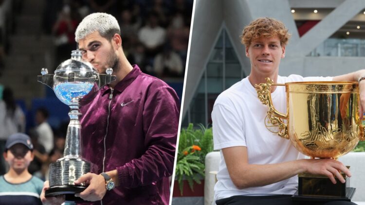 Main left: Carlos Alcaraz kisses the Japan Open trophy. Main right: Jannik Sinner poses with the China Open trophy.