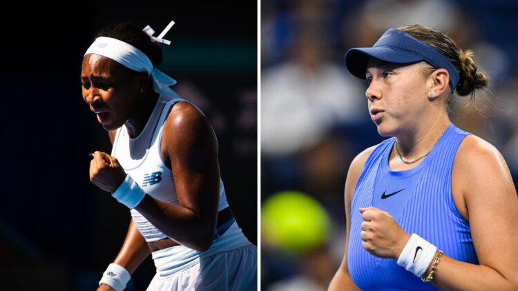 Main left: Coco Gauff fist pumps in celebration. Main right: Amanda Anisimova fist pumps in celebration.