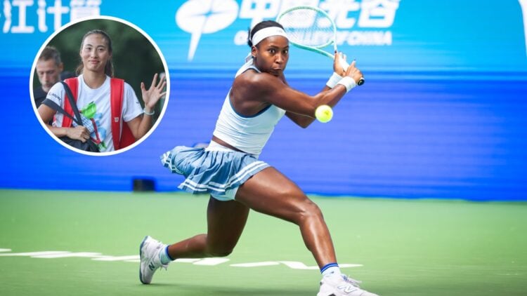 Main: Coco Gauff prepares to hit a backhand slice. Inset top left: Qinwen Zheng waves her hand.