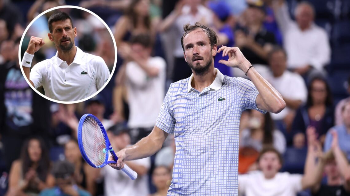 Daniil Medvedev at the 2025 US Open with an overlay of Novak Djokovic