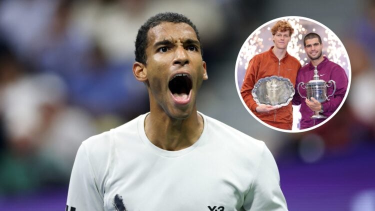 Felix Auger-Aliassime celebrating a point against Jannik Sinner at the 2025 US Open