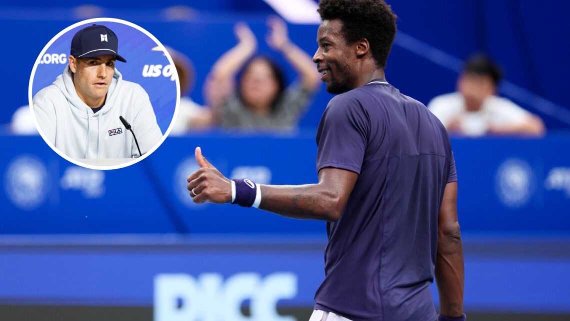 Main: Gael Monfils puts his thumb up. Inset top left: John Isner looks on.