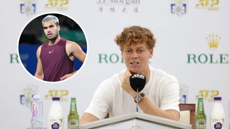 Jannik Sinner at his Shanghai Masters press conference with an overlay of Carlos Alcaraz