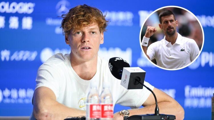 Main: Jannik Sinner speaks to the media at a press conference. Inset top right: Novak Djokovic fist pumps in celebration.