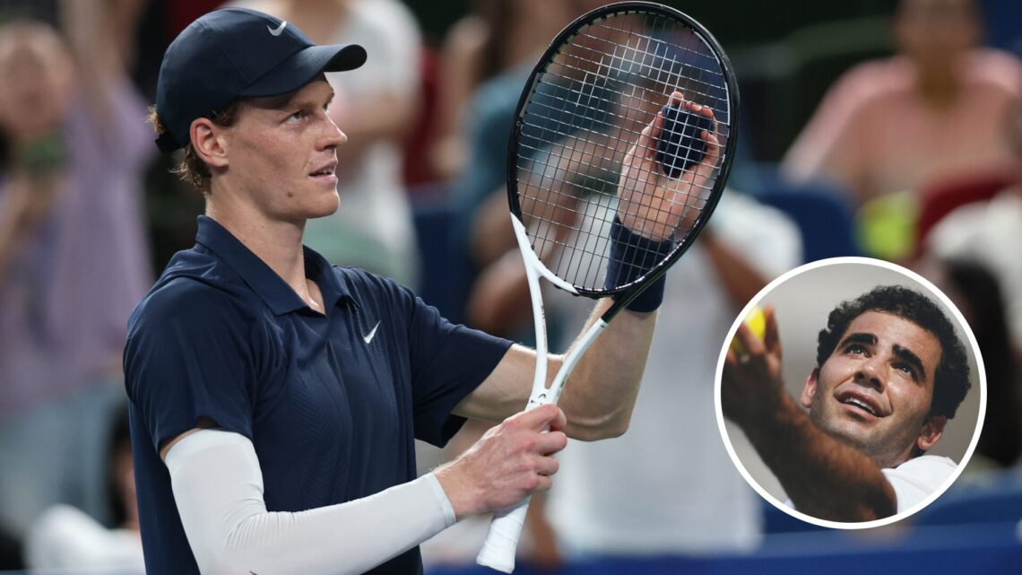 Main: Jannik Sinner claps his racket. Inset bottom right: Pete Sampras tosses the ball for a serve.
