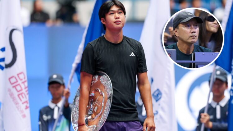 Main: Learner Tien looks on while holding the China Open runner-up plate. Inset top right: Michael Chang looks on.