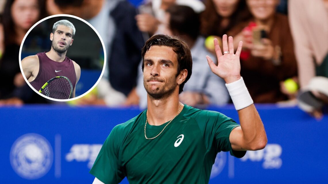 Lorenzo Musetti soaking in the adulation at the Chengdu Open with an overlay of Carlos Alcaraz