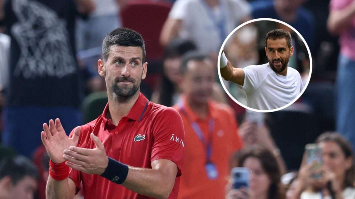 Novak Djokovic at the 2025 Shanghai Masters with an overlay of Marin Cilic