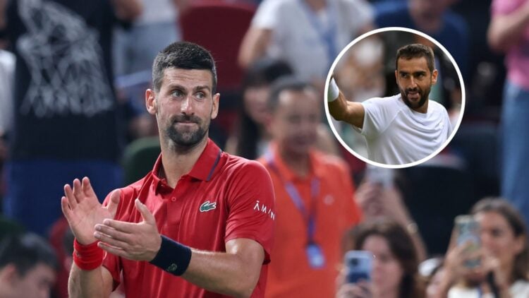 Novak Djokovic at the 2025 Shanghai Masters with an overlay of Marin Cilic