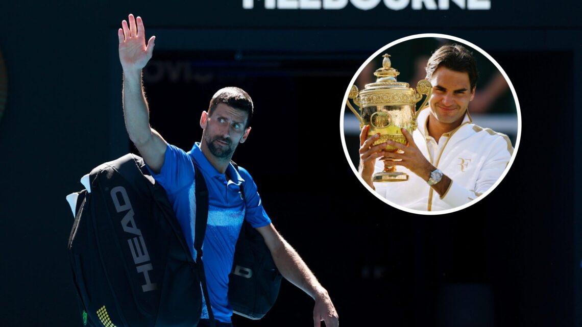 Novak Djokovic at the 2025 Australian Open with an overlay of Roger Federer