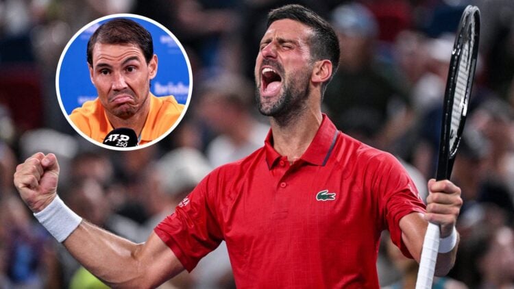 Main: Novak Djokovic roars in celebration. Inset top left: Rafael Nadal pulls a face.