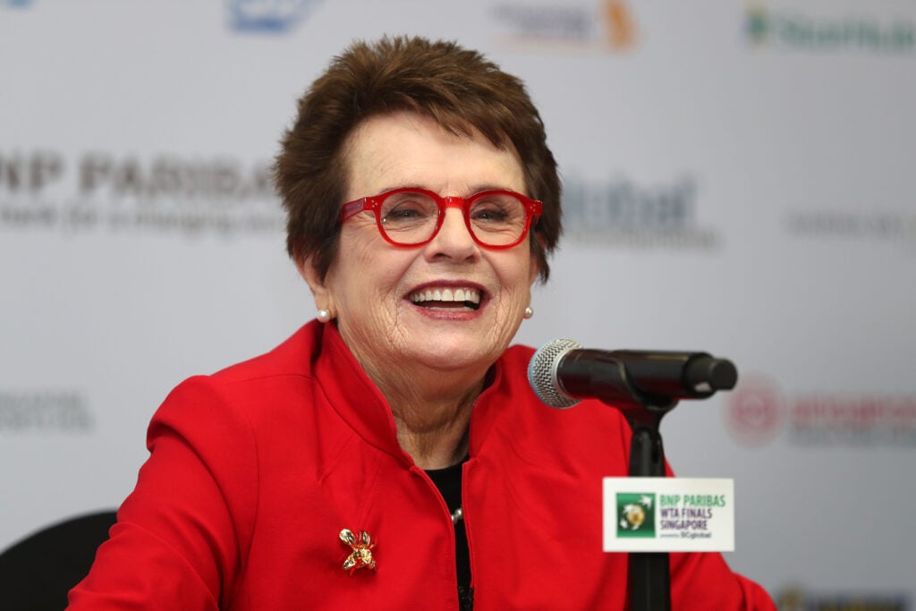 Billie Jean King speaks to the media during a press conference during day 4 of the BNP Paribas WTA Finals Singapore presented by SC Global at Singapore Sports Hub on October 24, 2018 in Singapore.