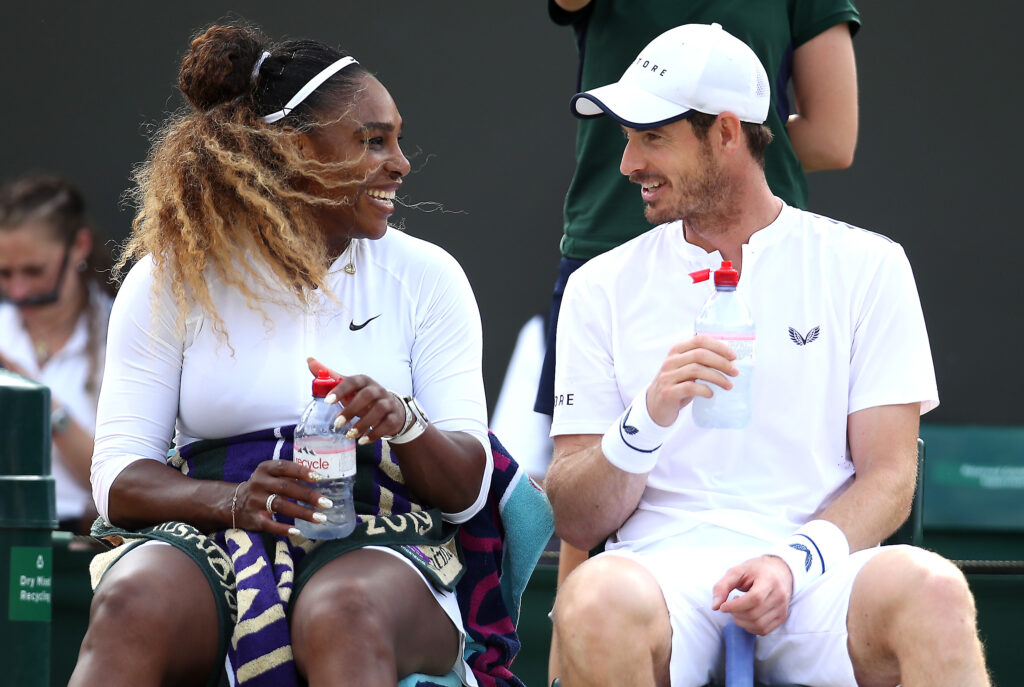 Serena Williams of the United States and Andy Murray of Great Britain in conversation in their Mixed Doubles third round match against Bruno Soares of Brazil and Nicole Melichar of the United States during Day Nine of The Championships - Wimbledon 2019 at All England Lawn Tennis and Croquet Club on July 10, 2019 in London, England.