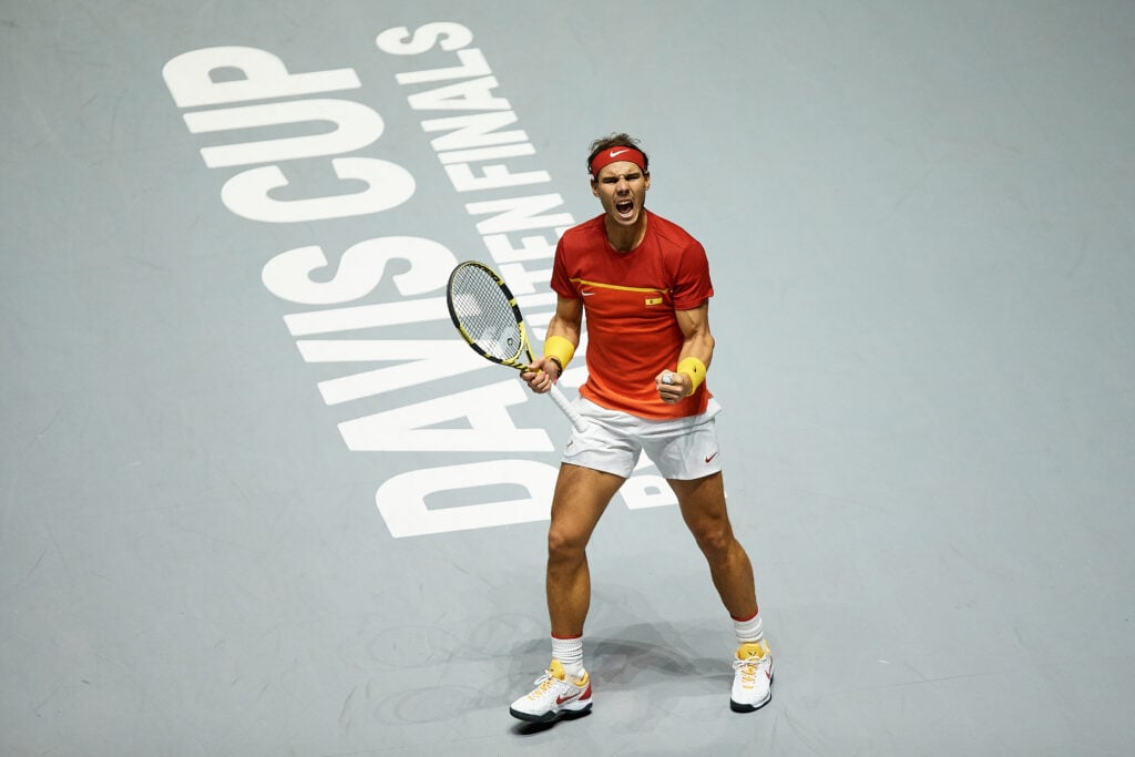 Rafa Nadal of Spain celebrates during his semi finals singles match against Daniel Evans of Great Britain during Day Six of the 2019 Davis Cup at La Caja Magica on November 23, 2019 in Madrid, Spain.