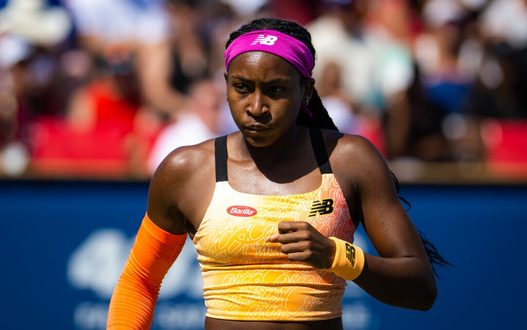 Coco Gauff of the United States celebrates winning a point against Elena Rybakina of Kazakhstan during her second round match on Day 5 of the National Bank Open.