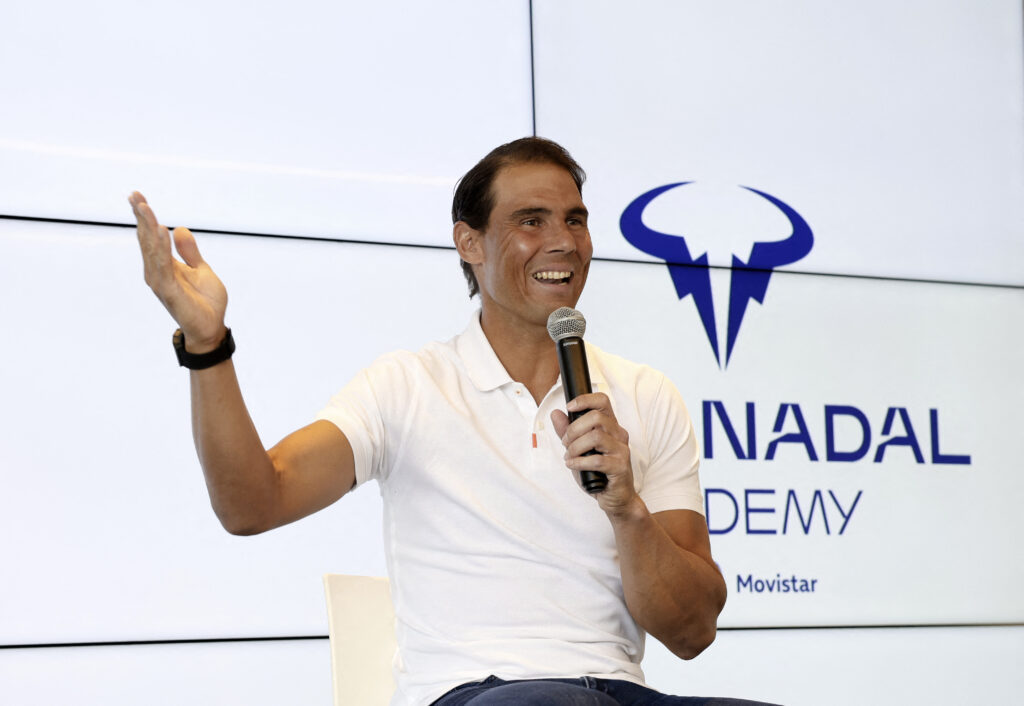 Spanish tennis player Rafael Nadal gestures as he talks during a press conference to announce he will not compete in the French Open, at the Rafa Nadal Academy.