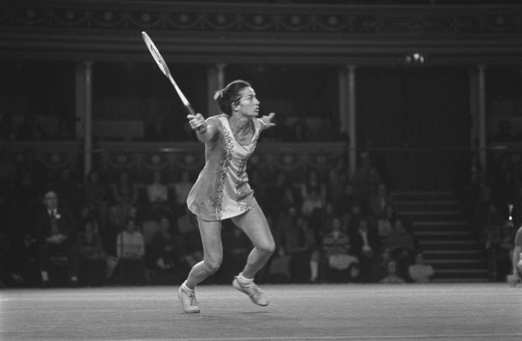 British tennis player Virginia Wade takes part in the Dewar Cup in the Royal Albert Hall, London, UK, 16th November 1974.