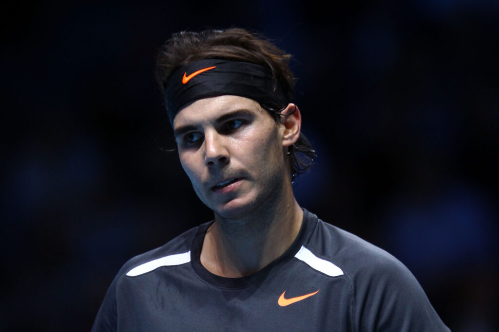 Rafael Nadal of Spain reacts during the men's singles match against Roger Federer of Switzerland during the Barclays ATP World Tour Finals.